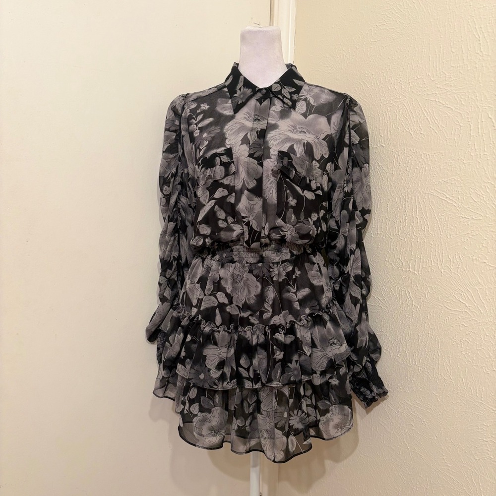 MISA Los Angeles Adora Black Grey Floral Chiffon Tiered Mini Dress Smocked Waist